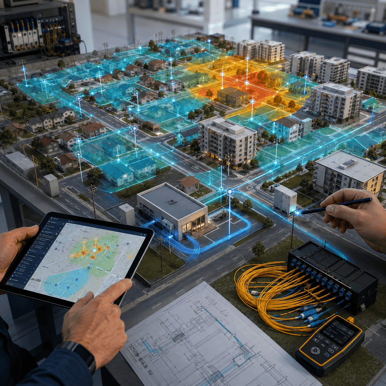 Maqueta urbana con cobertura GPON y FTTH utilizada para planificar la red mediante SAM Fama