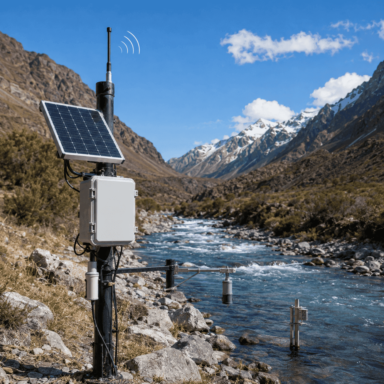 Estación de telemetría GPRS junto a un río en la cordillera chilena