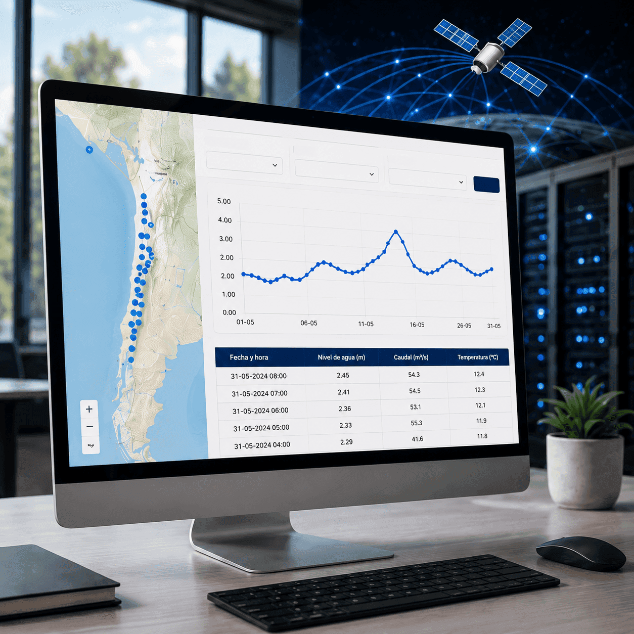 Plataforma WEBSAT mostrando información hidrológica, estaciones, gráficos y tablas