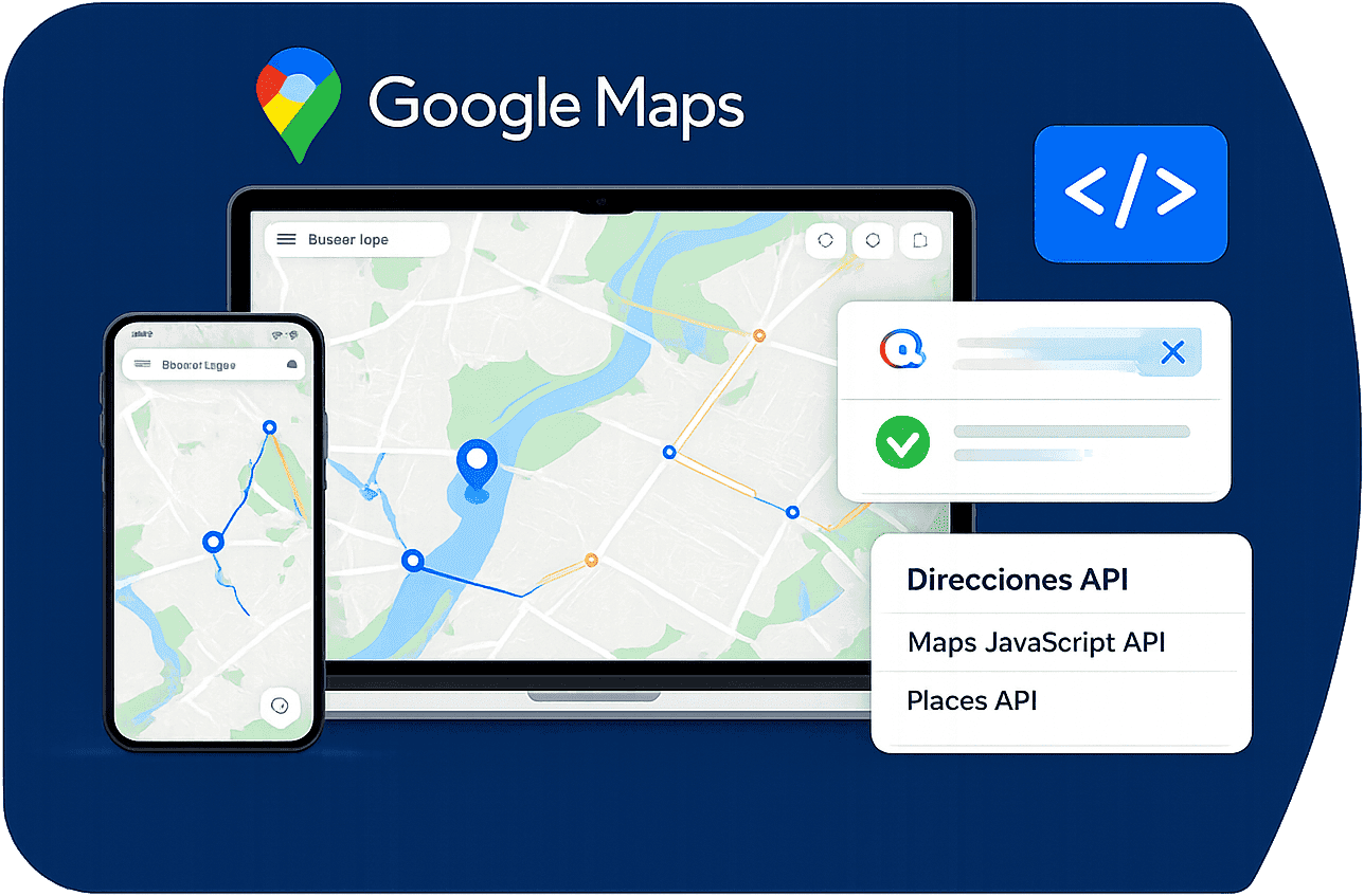 Google Maps API implementado en aplicaciones web y móviles mediante servicios de mapas, rutas y lugares
