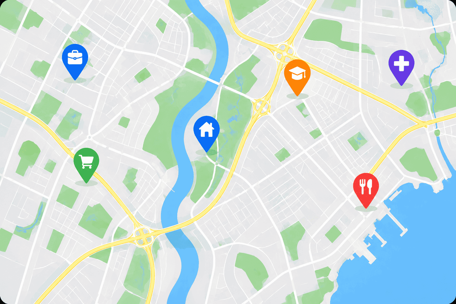 Mapa interactivo con múltiples ubicaciones geográficas señaladas mediante marcadores