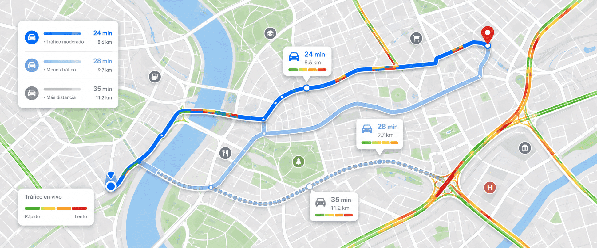 Mapa interactivo con diferentes rutas e información de tráfico