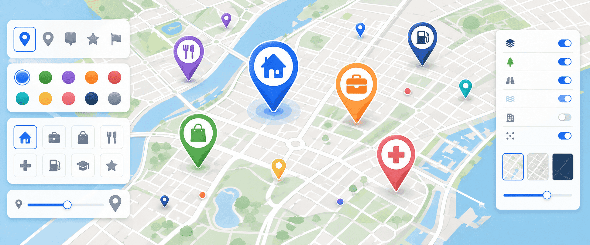 Mapa personalizado con diferentes tipos de marcadores geográficos